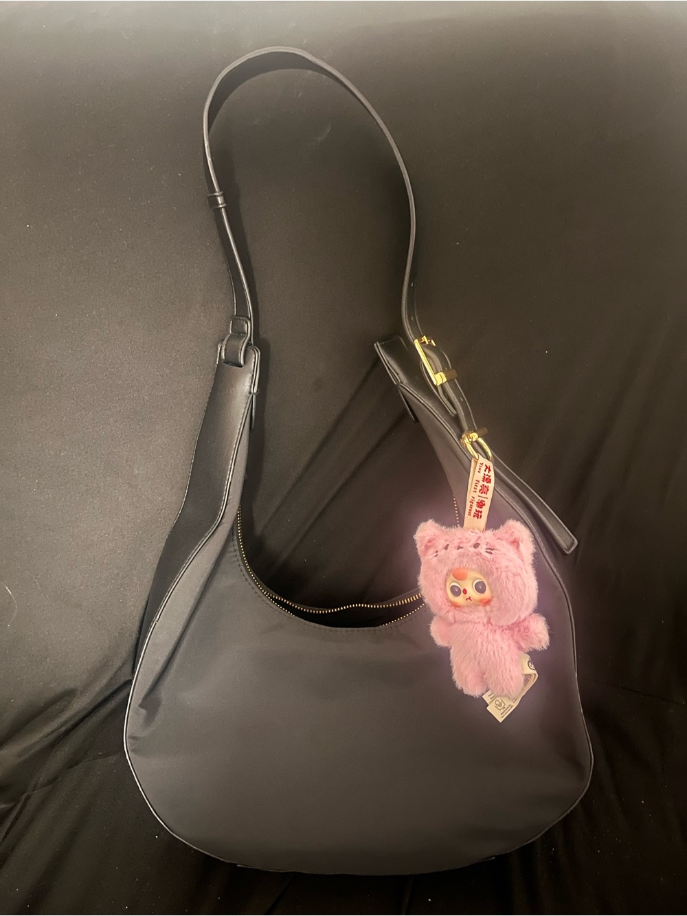 Classic Black Shoulder Hobo Bag with Pink Plush Charm